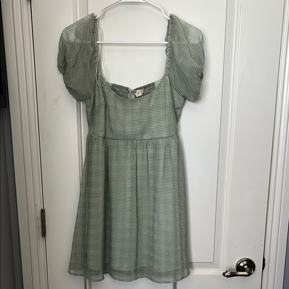 Altar’s State Green Checkered Puff Sleeve Dress